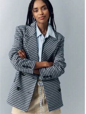 AVEC LES FILLES DOUBLE-BREASTED KNIT PLAID BLAZER